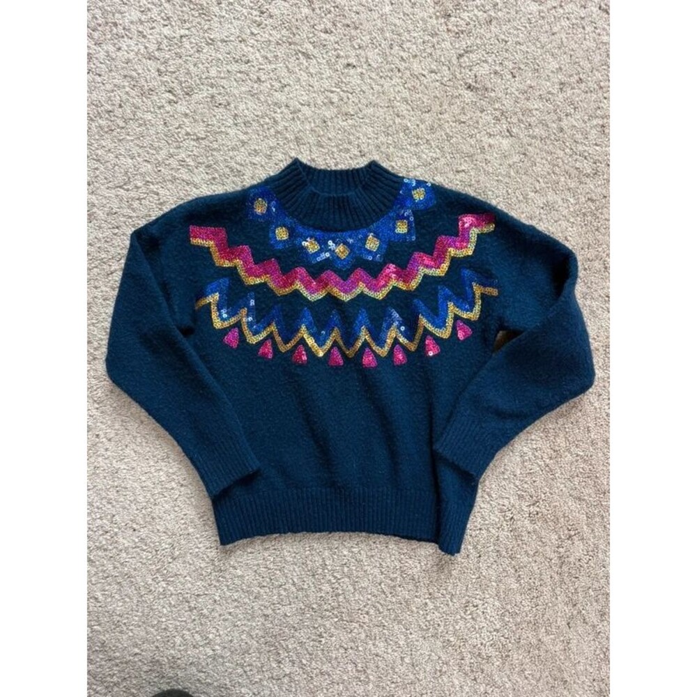 Girls 6/6X Sequin Fair Isle Pullover Sweater Navy Blue Knit